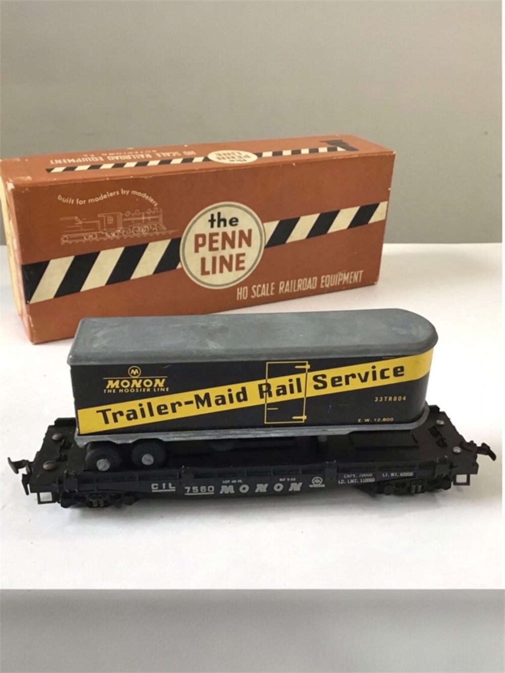 Vintage Penn Line Monon Trailer-Maid Rail Service & Flat Train Car HO W/Box